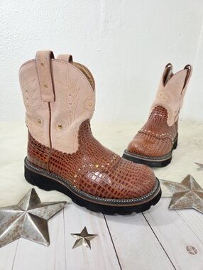 Ariat Fatbaby Pink Brown Leather Gator Rhinestone Western Boots Women's Sz 7.5